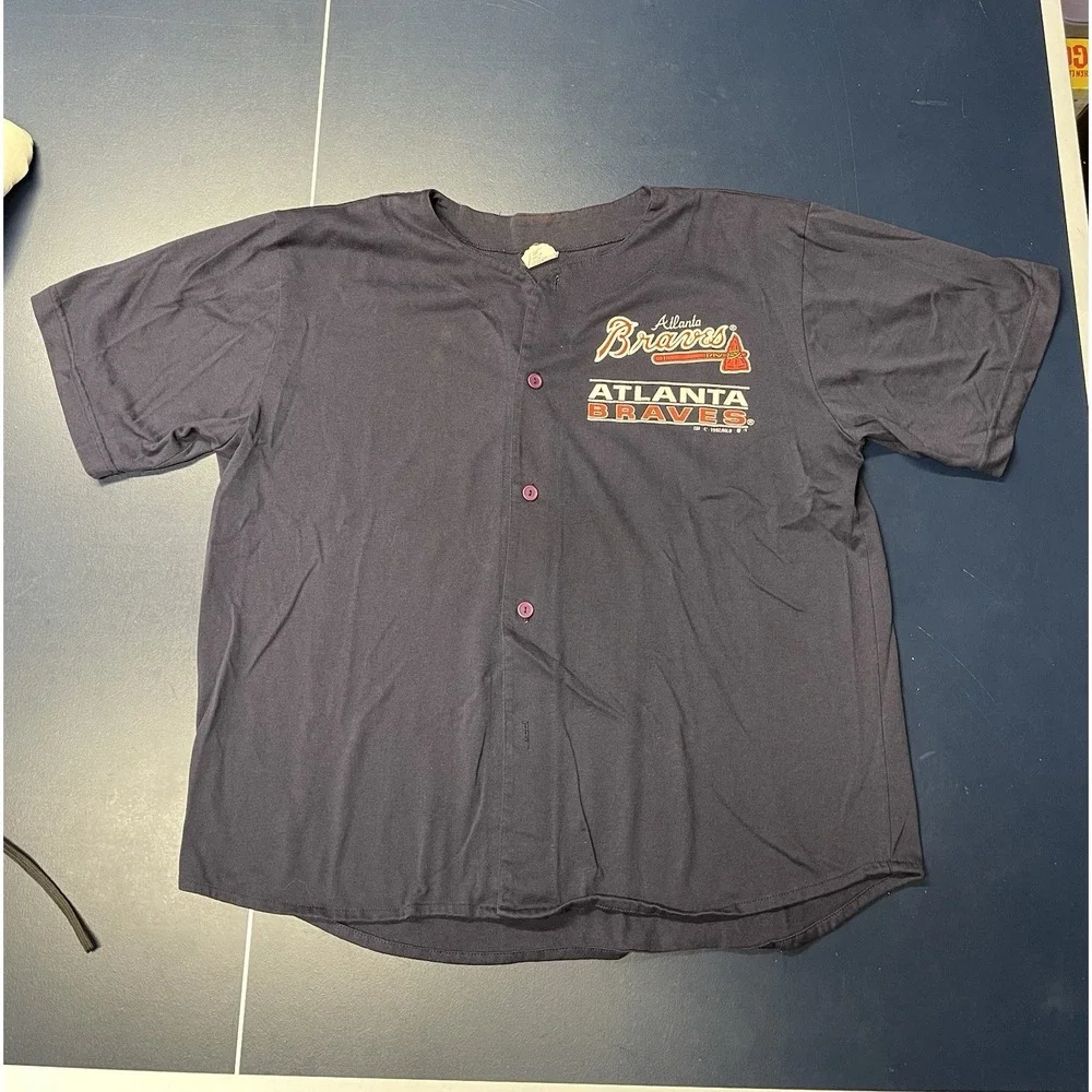 Vintage 1995 Atlanta Braves Blue Button Up Baseball Jersey Size L